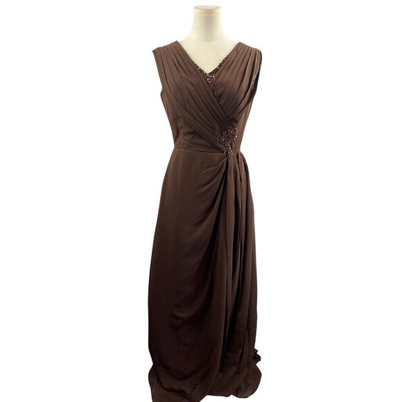 Elegant Brown Evening Gown With Beaded Embellishments & Pleated V-Neck Design - Picture 2 of 5